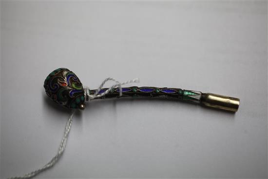 A late 19th/early 20th century Russian 84 zolotnik silver and cloisonne enamel miniature pipe,